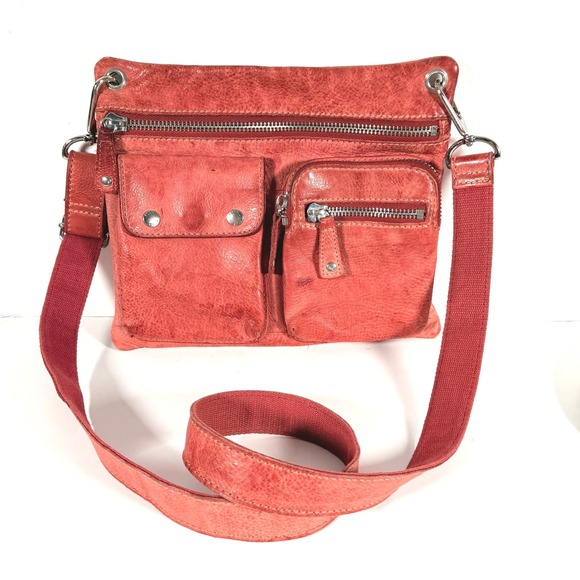Fossil Handbags - Fossil Red Pebbled Leather Multi Pocket Crossbody Bag Utility Messenger Festival